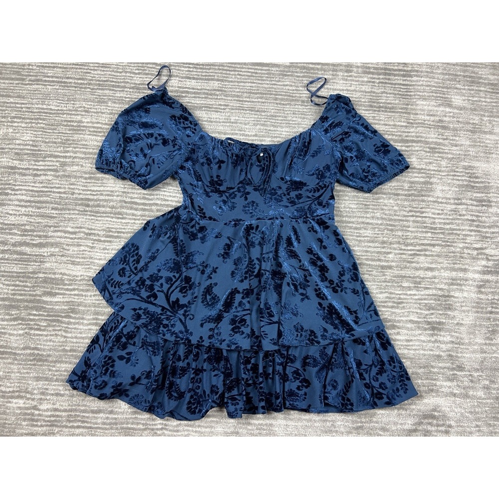 City Vibe Dress Women 13 Blue Floral Burnout Velvet Tiered Mini Fit & Flare 1673